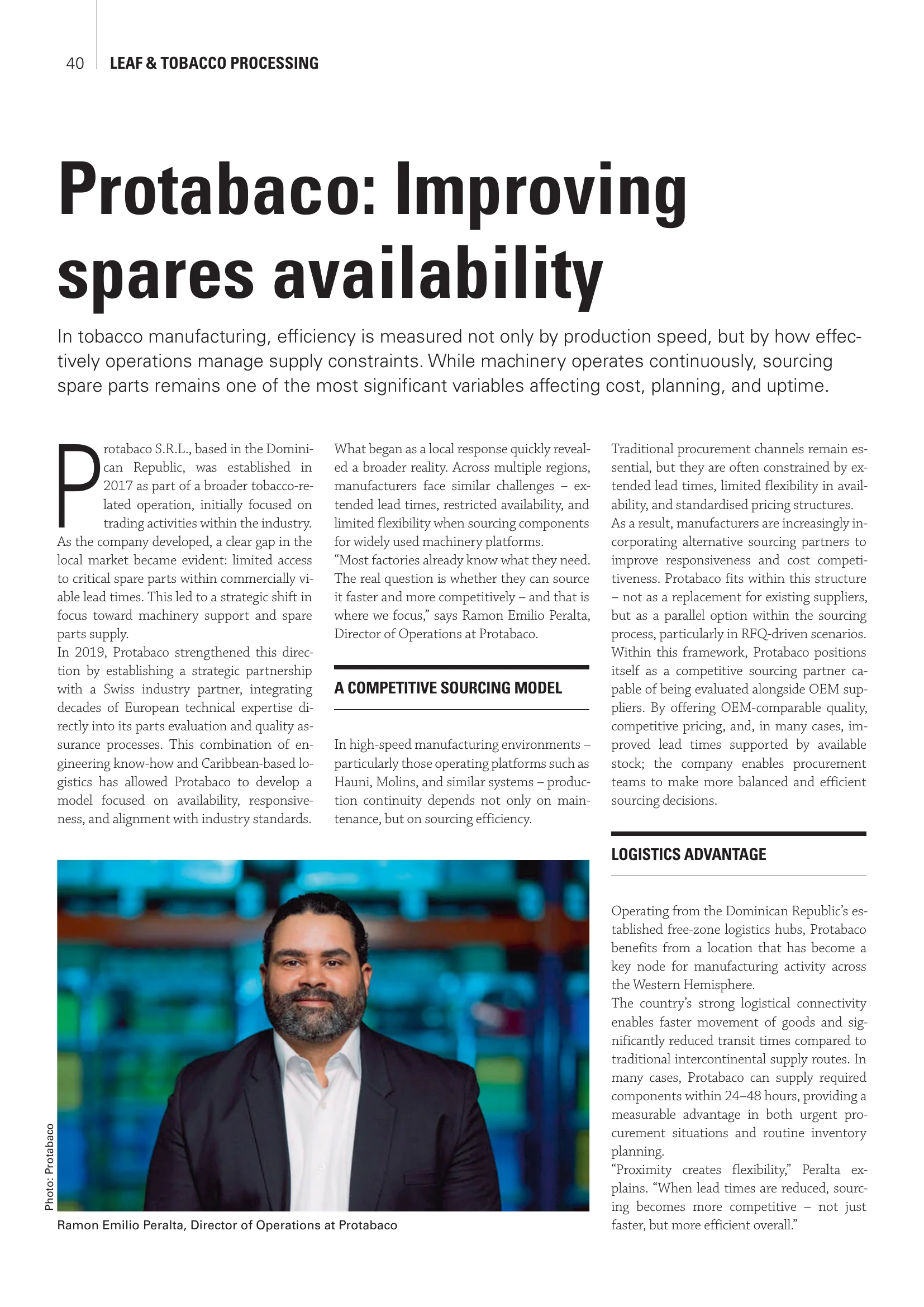 Tobacco Journal International issue 4/2026, page 40, Protabaco: Improving spares availability.